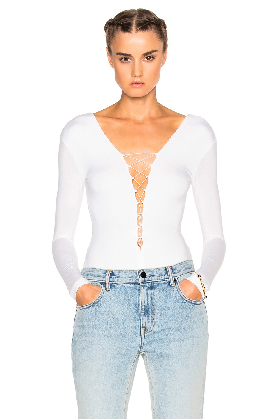 Image 1 of Alexander Wang Lace Up Long Sleeve Bodysuit in White