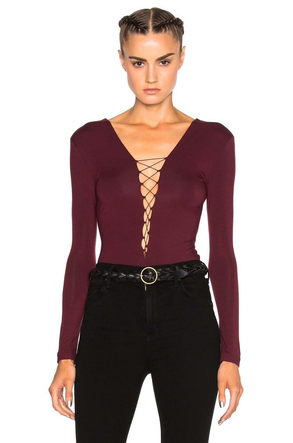 Image 1 of Alexander Wang Lace Up Long Sleeve Bodysuit in Wine
