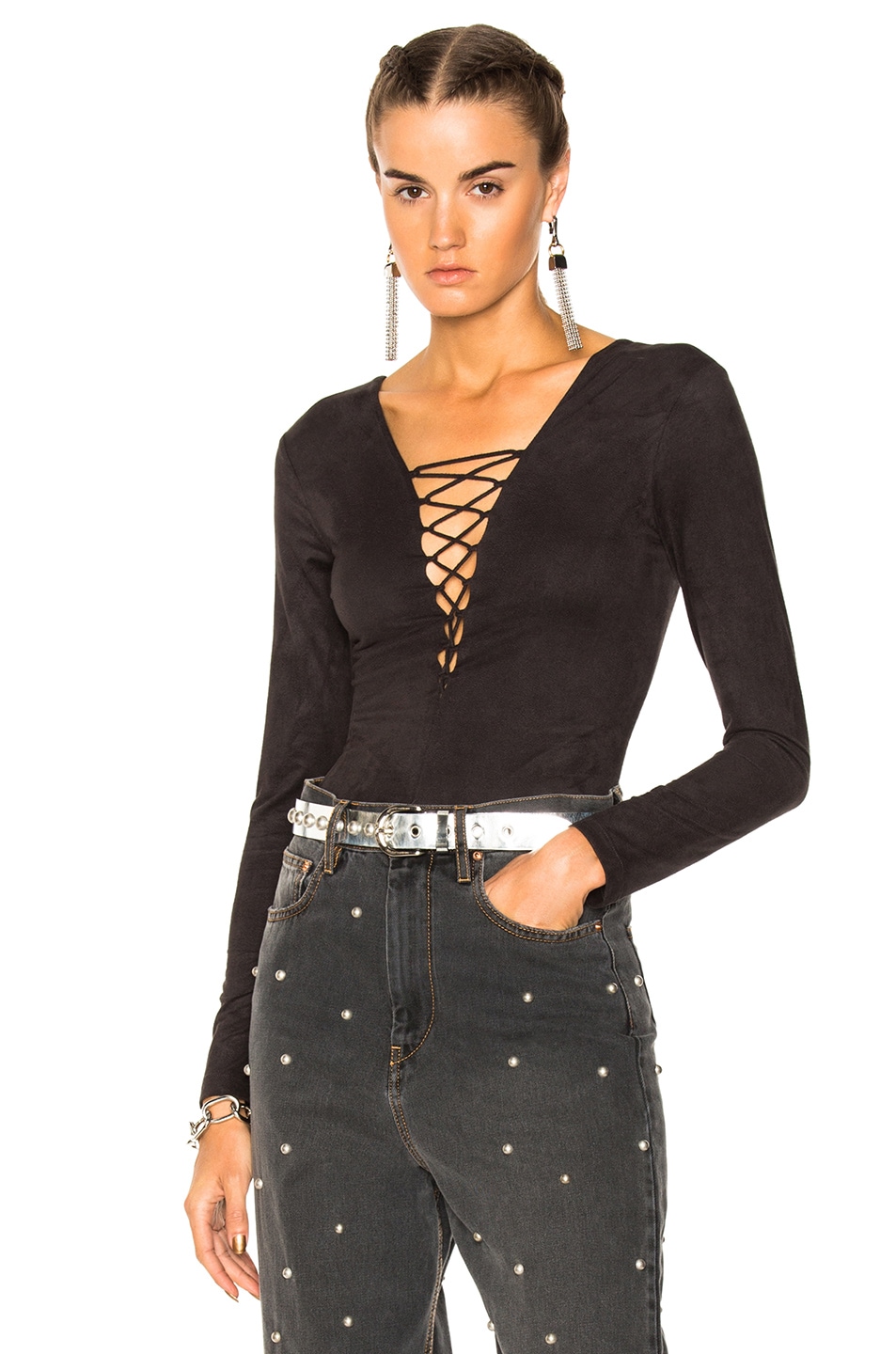 Image 1 of Alexander Wang Suede Lace Up Bodysuit in Charcoal