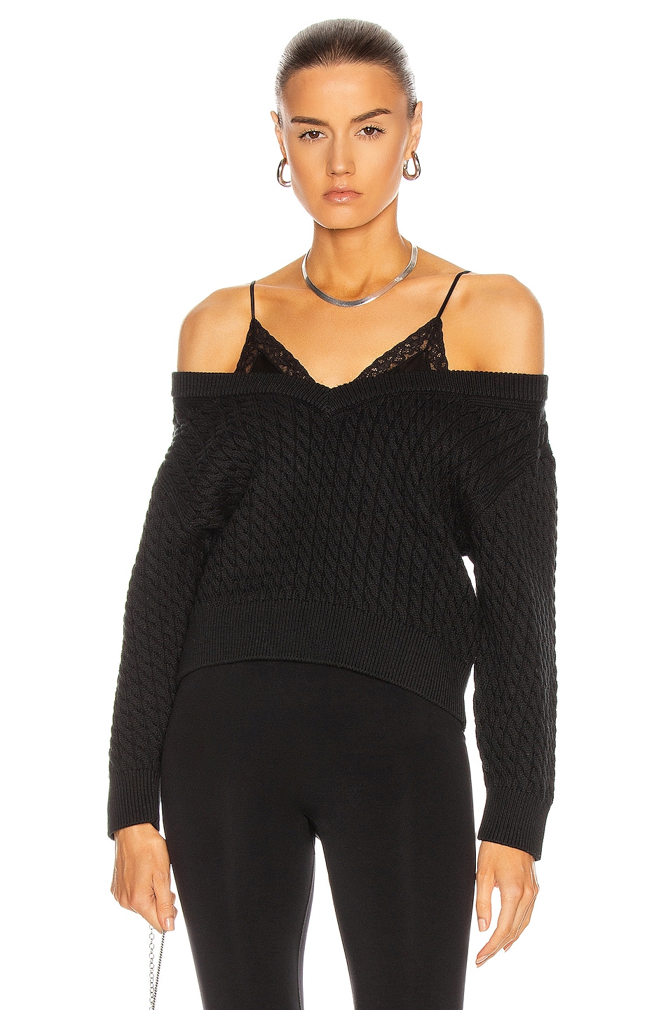 Image 1 of Alexander Wang Bi-Layer V Neck Cable Sweater in Black