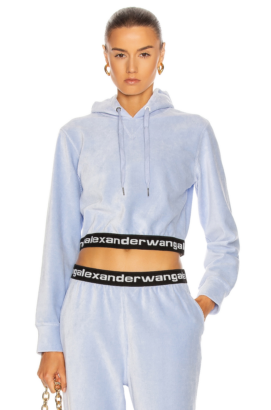 Image 1 of Alexander Wang Corduroy Logo Elastic Cropped Long Sleeve Hoodie in Xenon Blue
