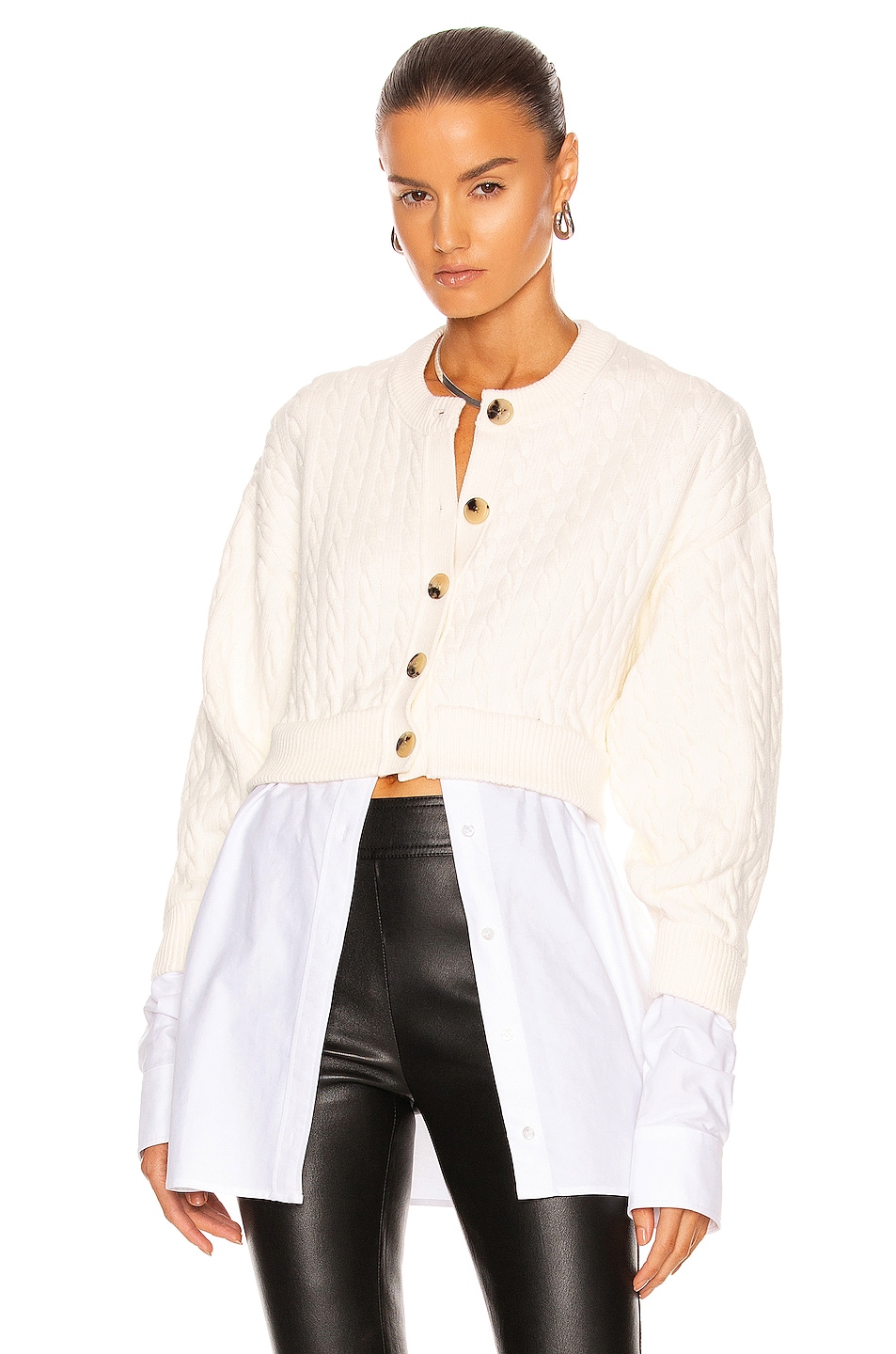 Image 1 of T by Alexander Wang Bi-Layer Cable Cardigan in Ivory & White