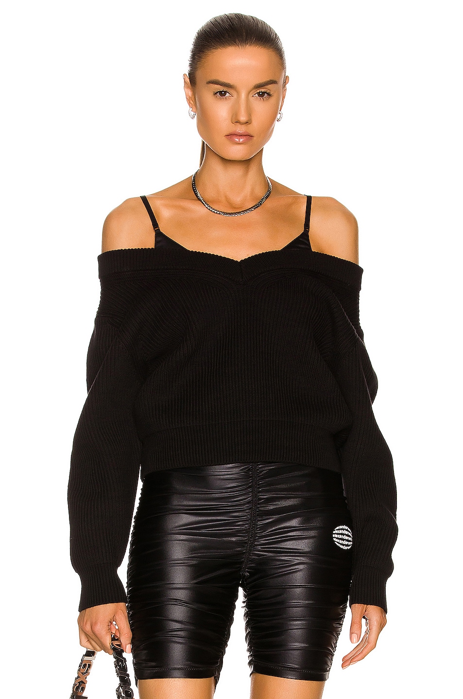 Image 1 of T by Alexander Wang Satin Cami V Neck Sweater in Black
