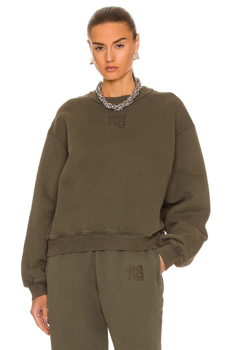 Image 1 of Alexander Wang Structured Puff Paint Sweatshirt in Army Green