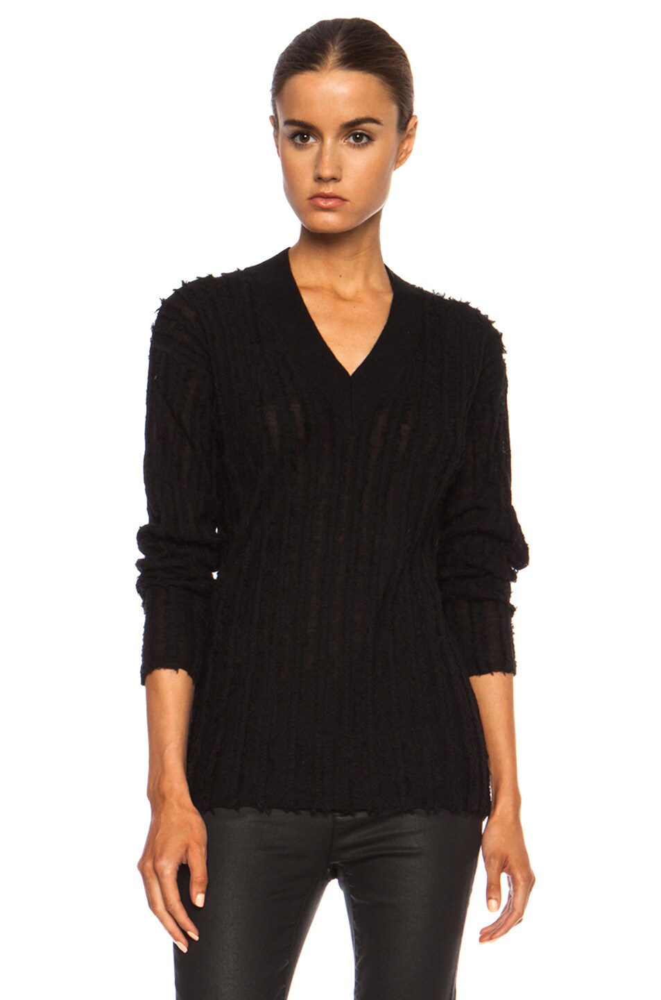 Image 1 of Alexander Wang Frayed Stripe V-Neck Merino Wool Pullover in Black