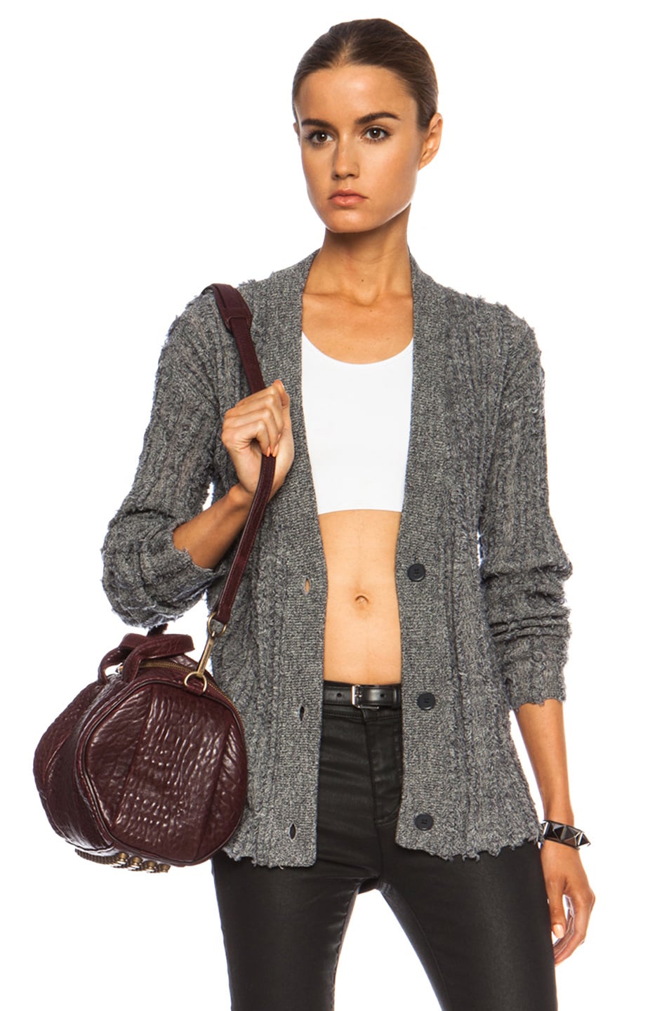 Image 1 of Alexander Wang Frayed Stripe Merino Wool Cardigan in Petrol