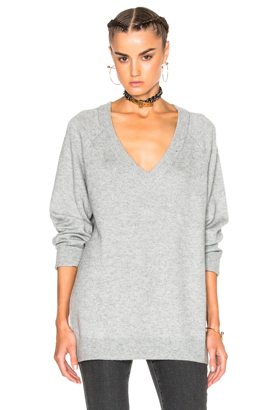 Image 1 of Alexander Wang Cashmere Deep V Neck Sweater in Heather Grey
