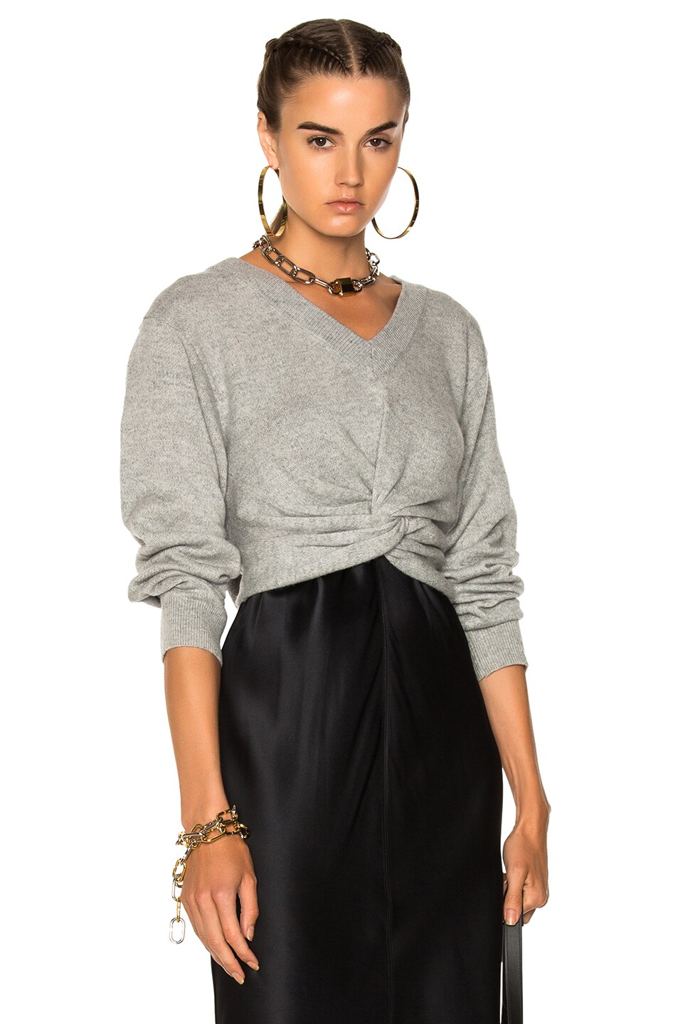 Image 1 of Alexander Wang Deep V Twist Front Sweater in Heather Grey