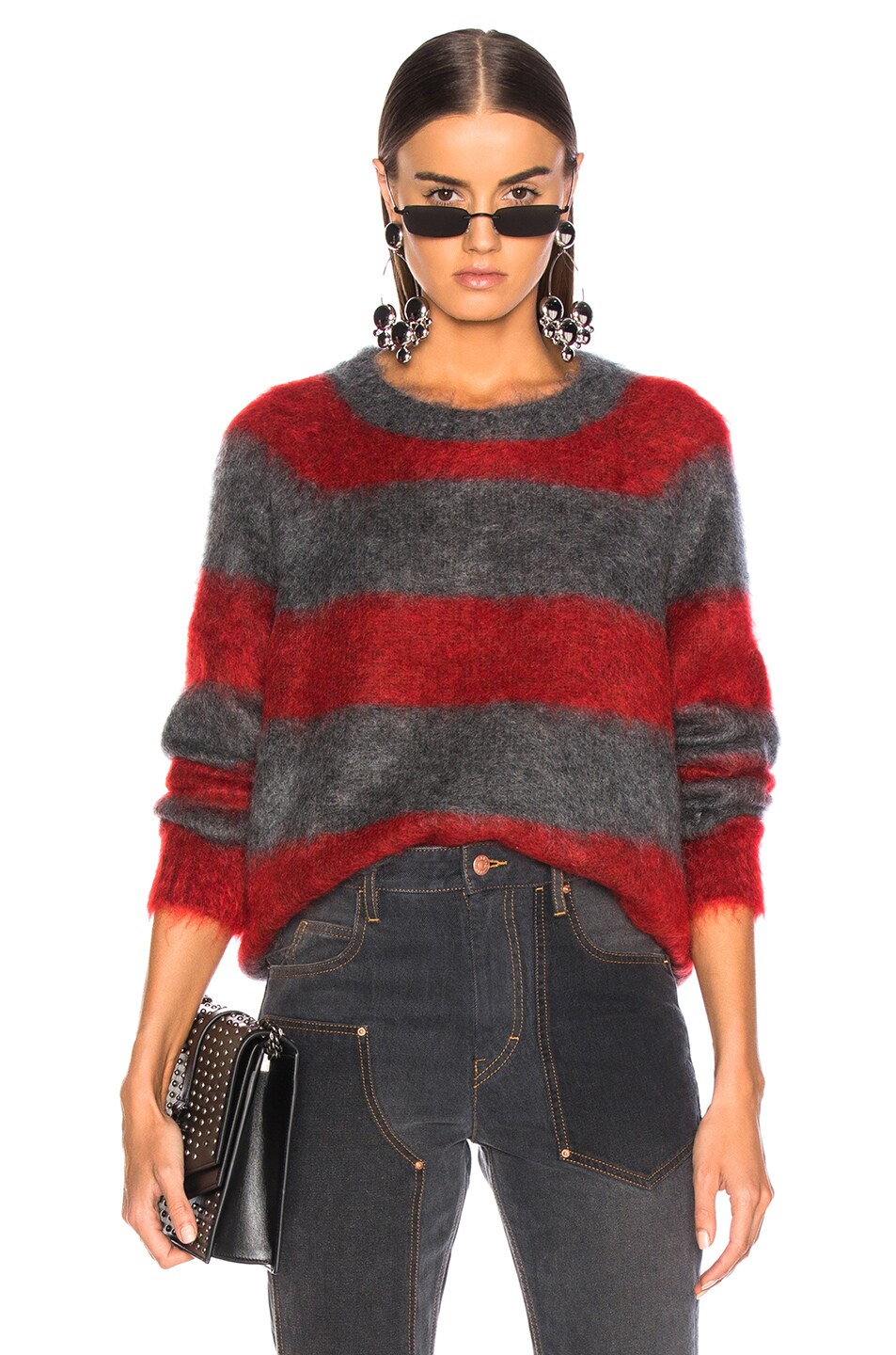 Image 1 of Alexander Wang Mohair Stripe Pullover Sweater in Grey & Lipstick