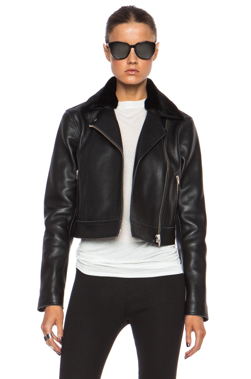 Image 1 of Alexander Wang Motorcycle Leather Jacket with Fur Collar in Black