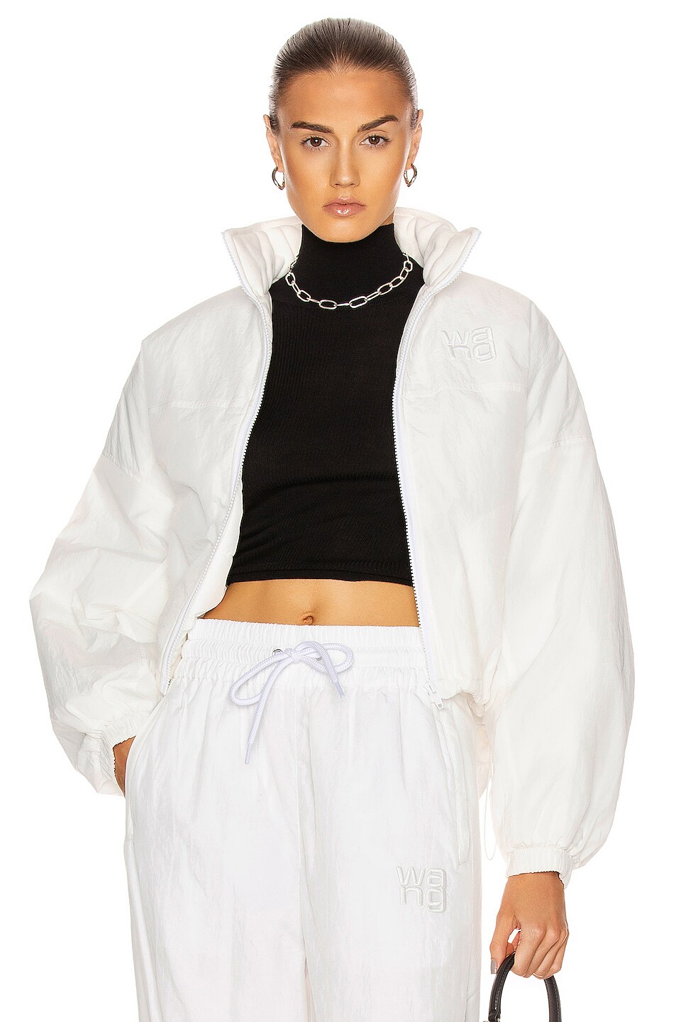 Image 1 of Alexander Wang Raised Logo Embroidery Zip Jacket in White