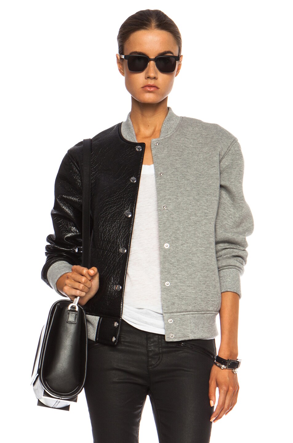 Image 1 of Alexander Wang Leather & Neoprene Half Half Varsity Jacket in Grey & Black
