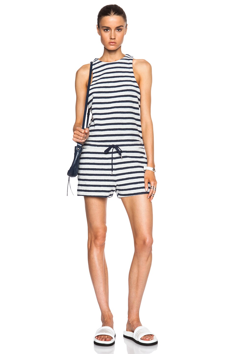 Image 1 of Alexander Wang Stripe Back French Terry Romper in Indigo & Off White