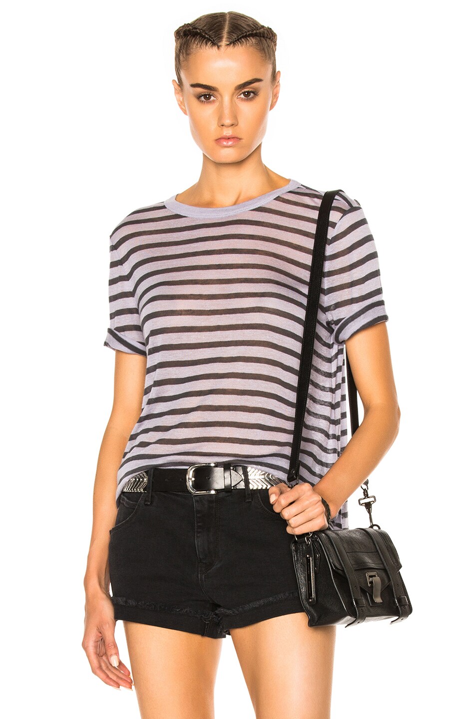Image 1 of Alexander Wang Rayon Linen Stripe Tee in Charcoal & Lavender