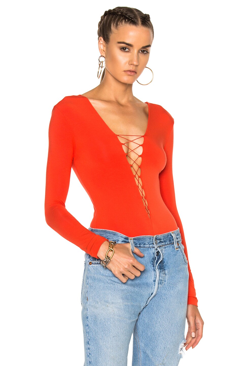 Image 1 of Alexander Wang Micro Modal Spandex Lace Up Long Sleeve Bodysuit in Scarlet