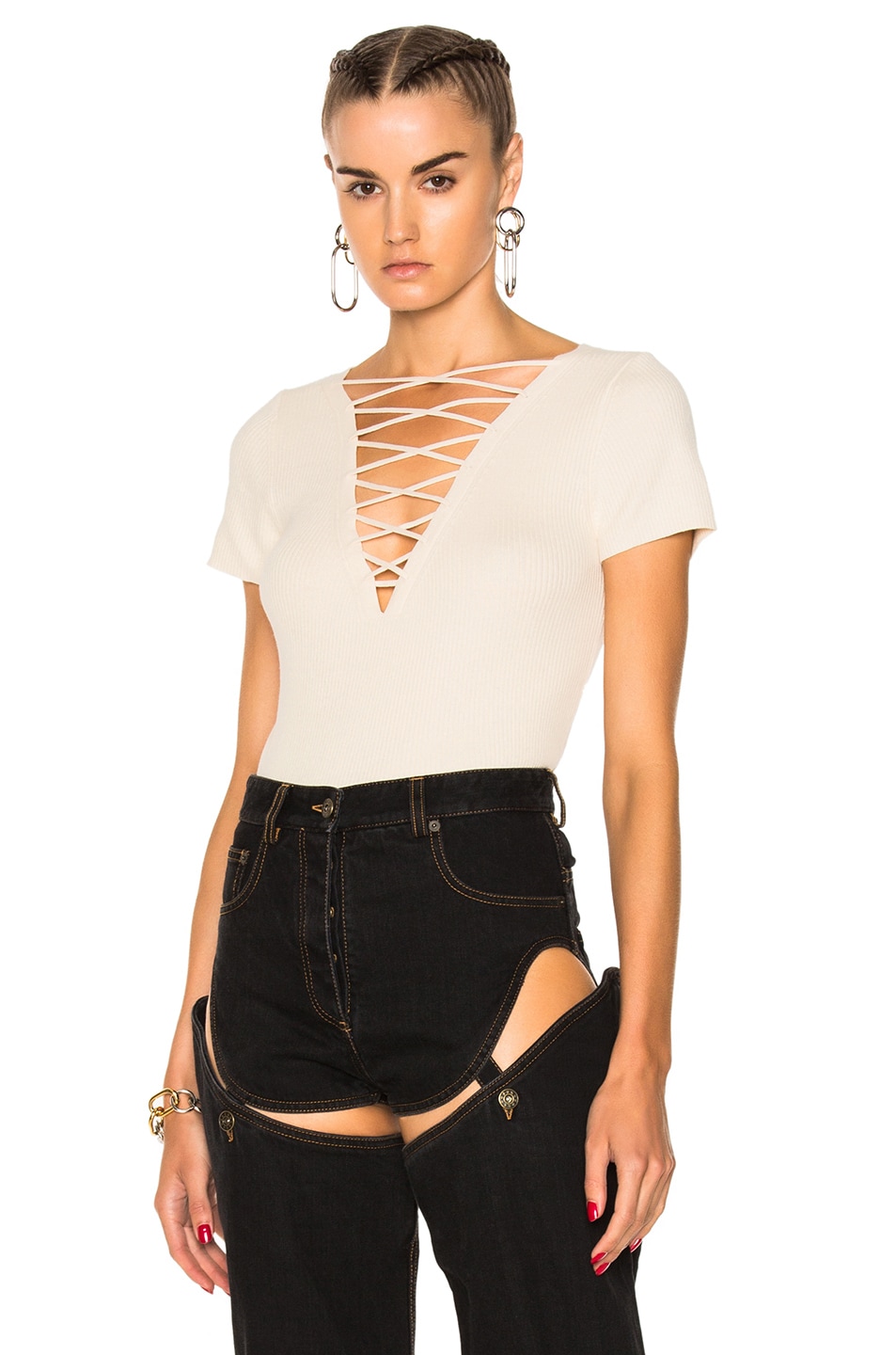 Image 1 of Alexander Wang Cotton Cashmere Lace Up Short Sleeve Pullover in Almond