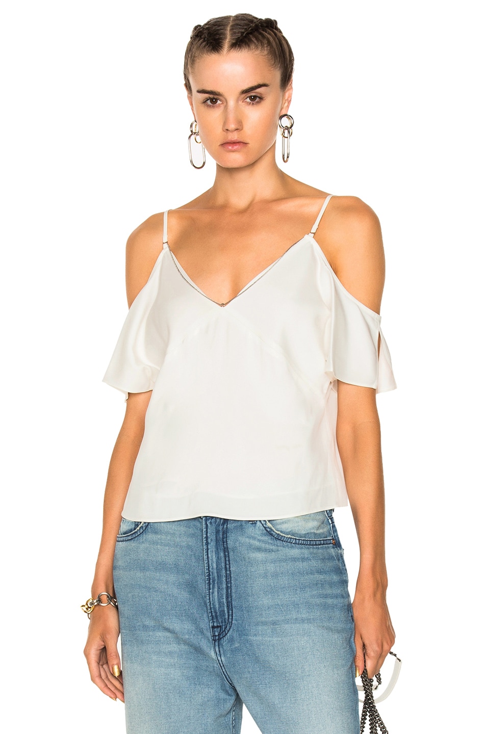 Image 1 of Alexander Wang Stretch Viscose Crepe Cold Shoulder Top with Chain in Ivory