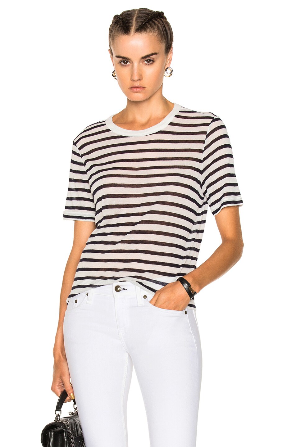 Image 1 of Alexander Wang Rayon Linen Stripe Short Sleeve Cropped Tee in Ink & Ivory
