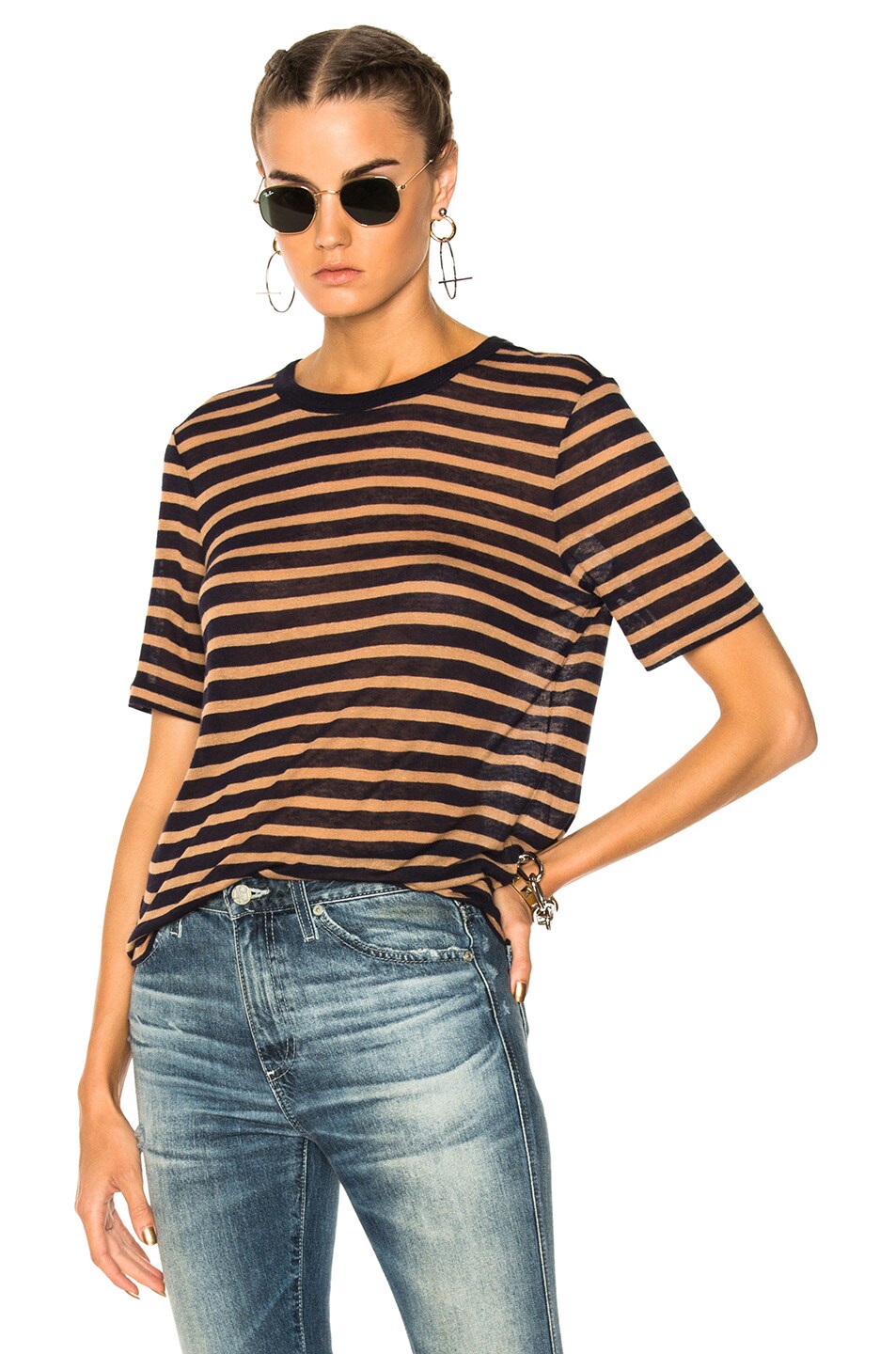 Image 1 of Alexander Wang Striped Cropped Tee in Navy & Camel Stripe