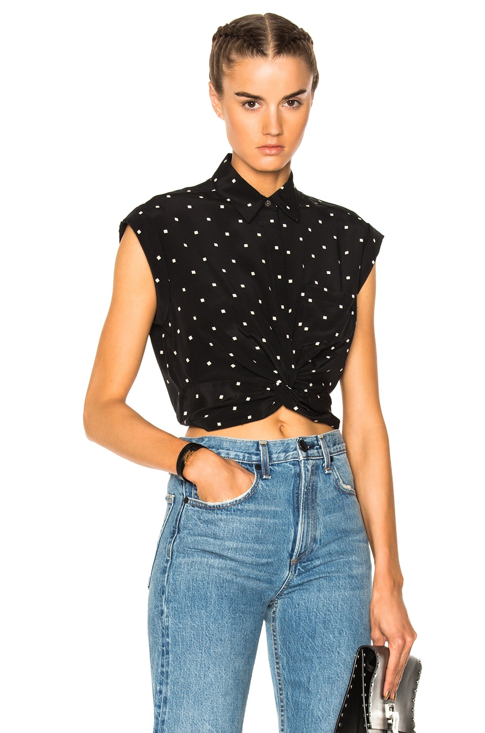 Image 1 of Alexander Wang Short Sleeve Collared Knot Front Top in Black & Bone
