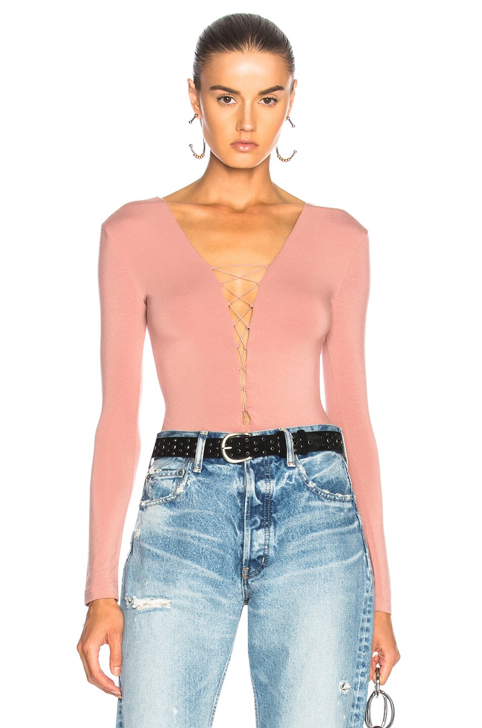 Image 1 of Alexander Wang Lace Up Bodysuit in Guava