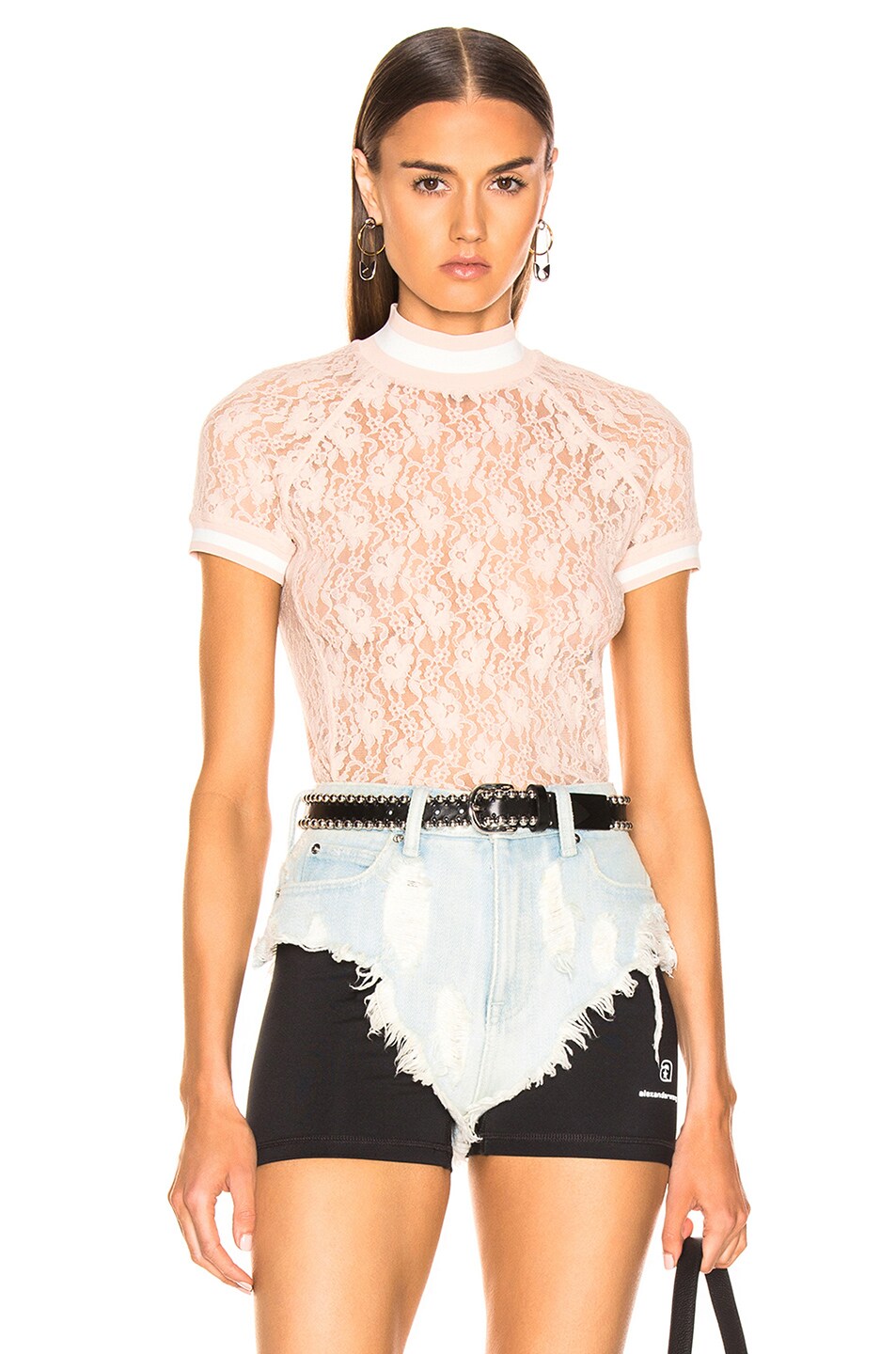 Image 1 of Alexander Wang Lace Short Sleeve Top in Shell