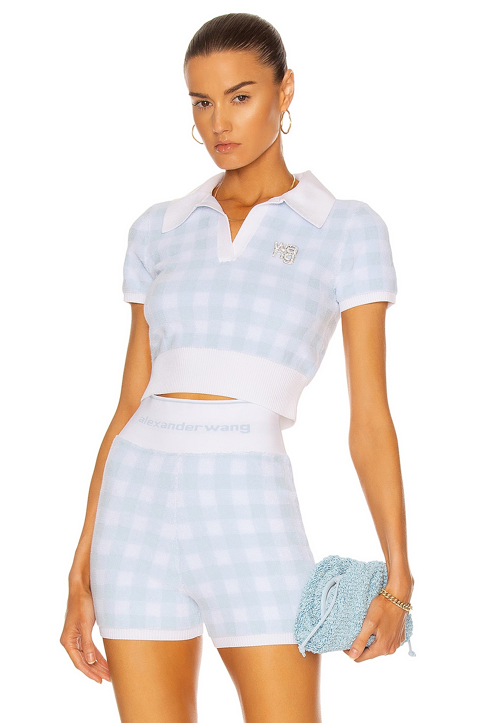 Image 1 of Alexander Wang Towel Gingham Polo Top in Oxford Blue & White