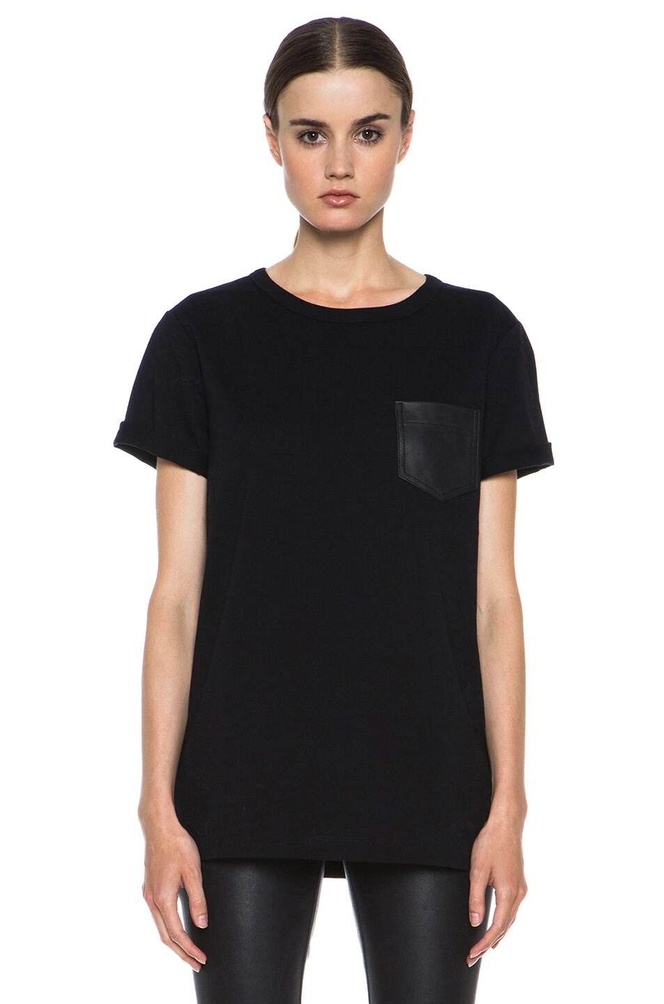 Image 1 of Alexander Wang Supima Jersey Tee with Leather Pocket in Black