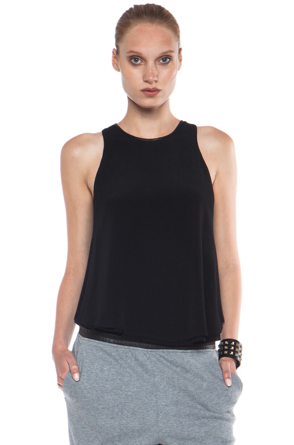 Image 1 of Alexander Wang Edge Flow Viscose Top with Leather Trim in Black