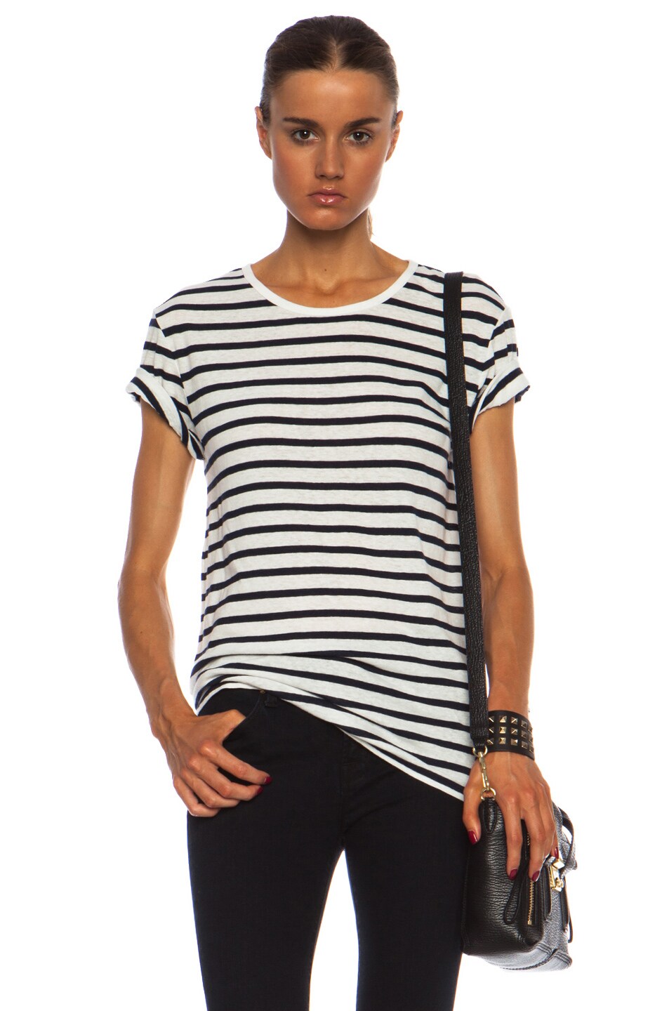 Image 1 of Alexander Wang Stripe Linen Cotton Tee in Ink and Ivory
