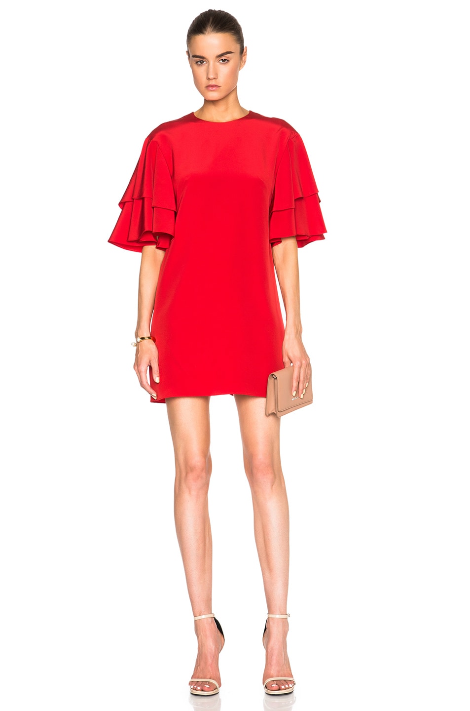 Image 1 of Tibi Ruffle Sleeve Shift Dress in Cadmium Red