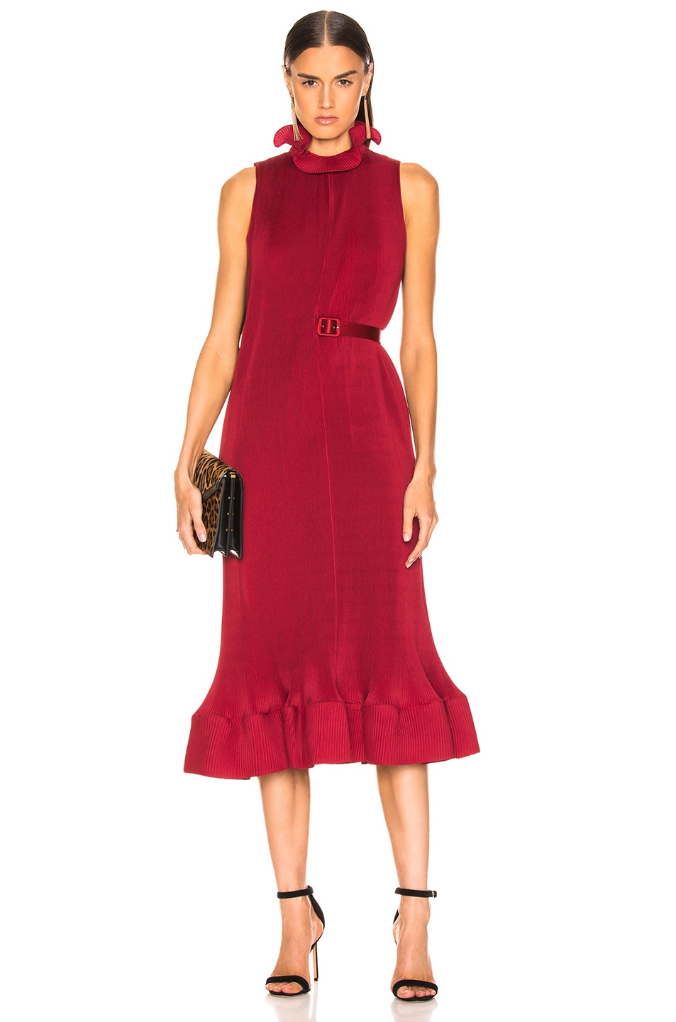 Image 1 of Tibi Pleated Sleeveless Dress with Belt in Cherry Red