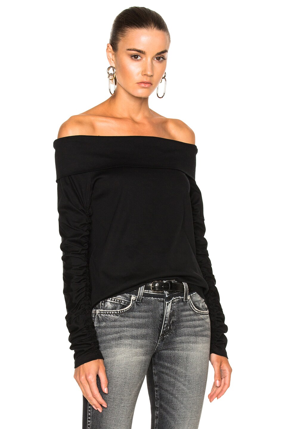 Image 1 of Tibi Ruched Sleeve Sweater in Black