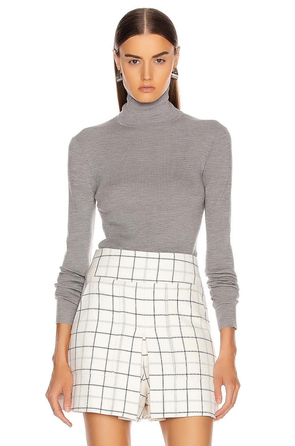 Image 1 of Tibi Feather Weight Ribbed Sweater Turtleneck Pullover in Light Heather Grey