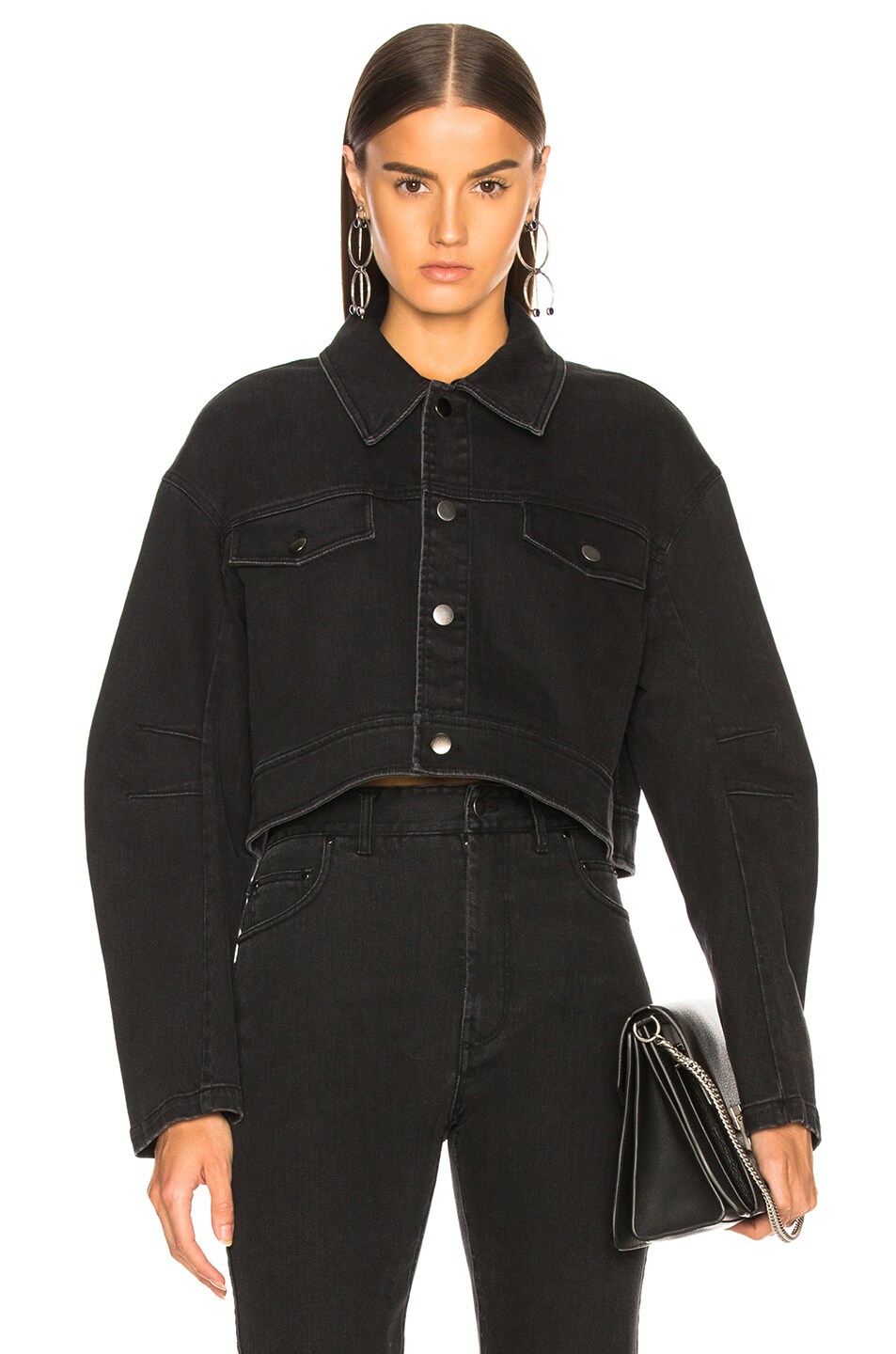 Image 1 of Tibi Black Washed Denim Cropped Jean Jacket in Black
