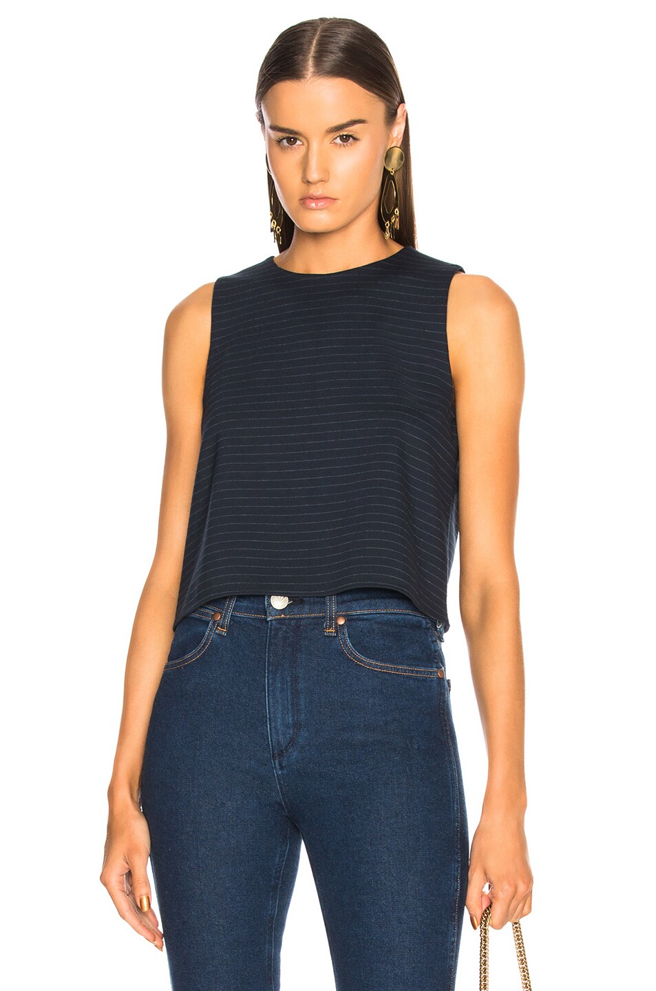 Image 1 of Tibi Pinstripe Knit Sleeveless Cropped Top in Navy Multi