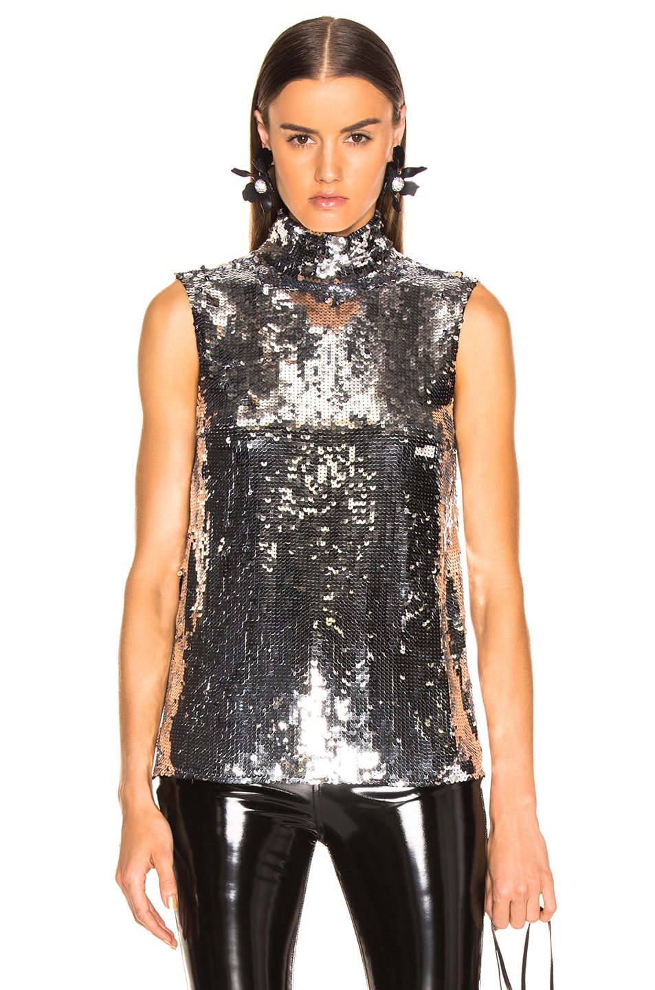 Tibi Sequin Turtle Neck Shell Top in Silver | FWRD