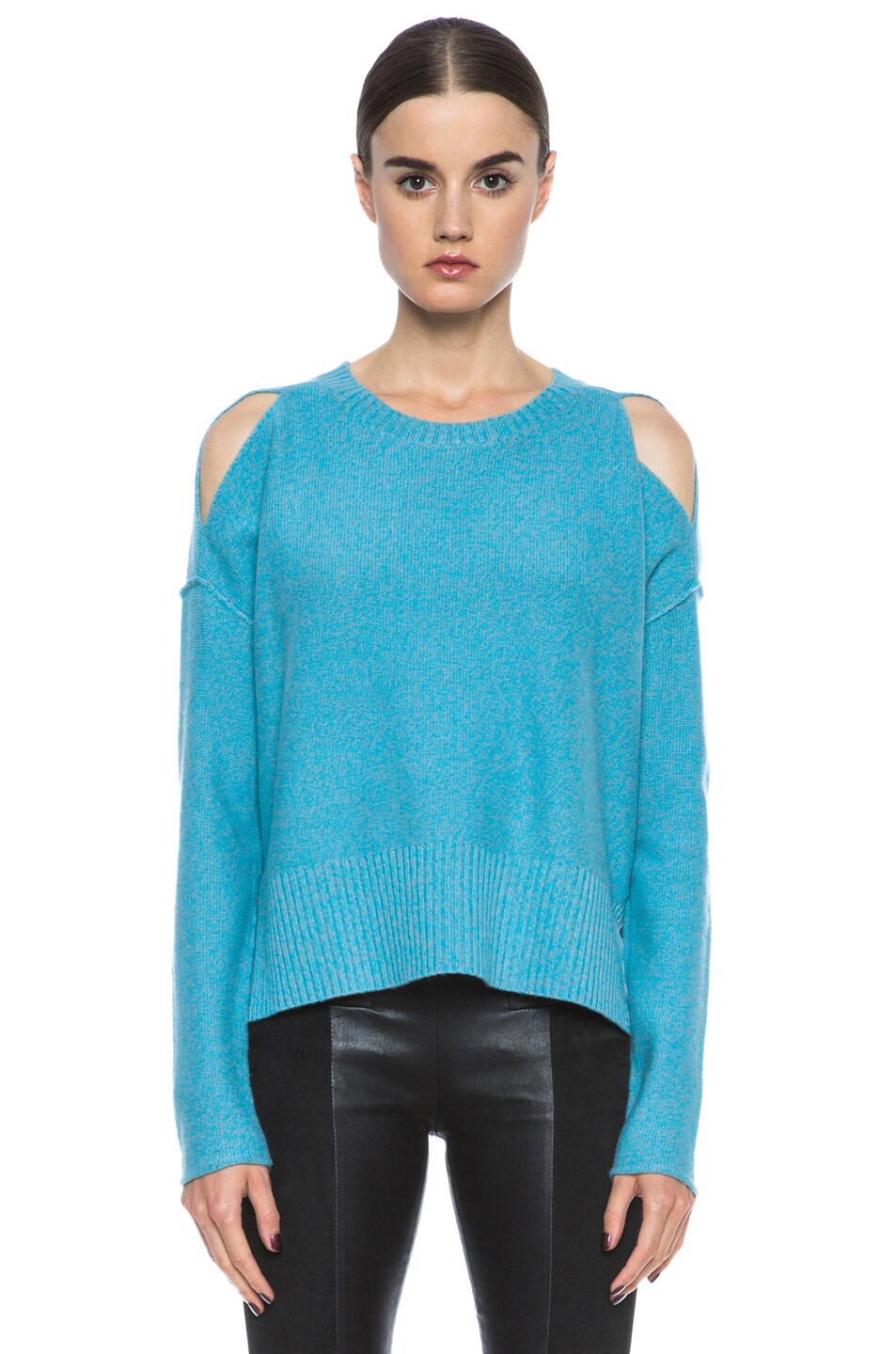 Image 1 of Tess Giberson Slouchy Split Hem Wool-Blend Sweater in Turqoise & Grey Melange