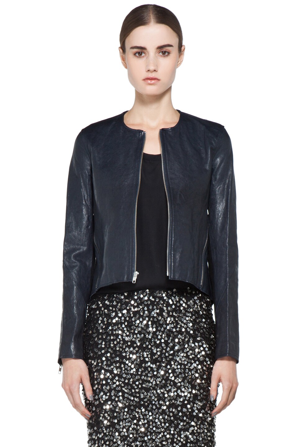Image 1 of Tess Giberson Pieced Leather Jacket in Slate Blue