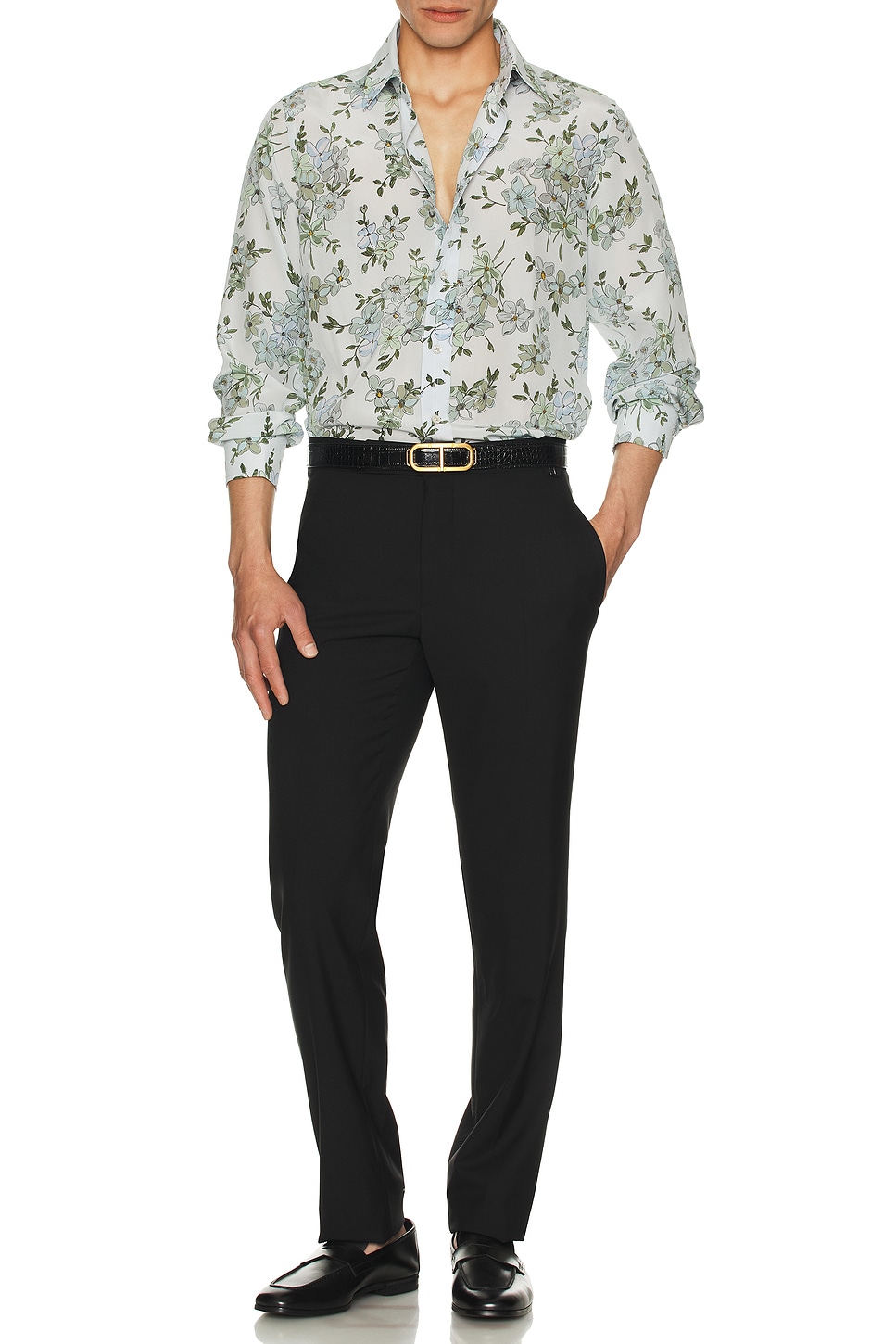 Image 1 of TOM FORD Saint Tropez Printed Floral Slim Fit Shirt in Combo Grey & Light Blue