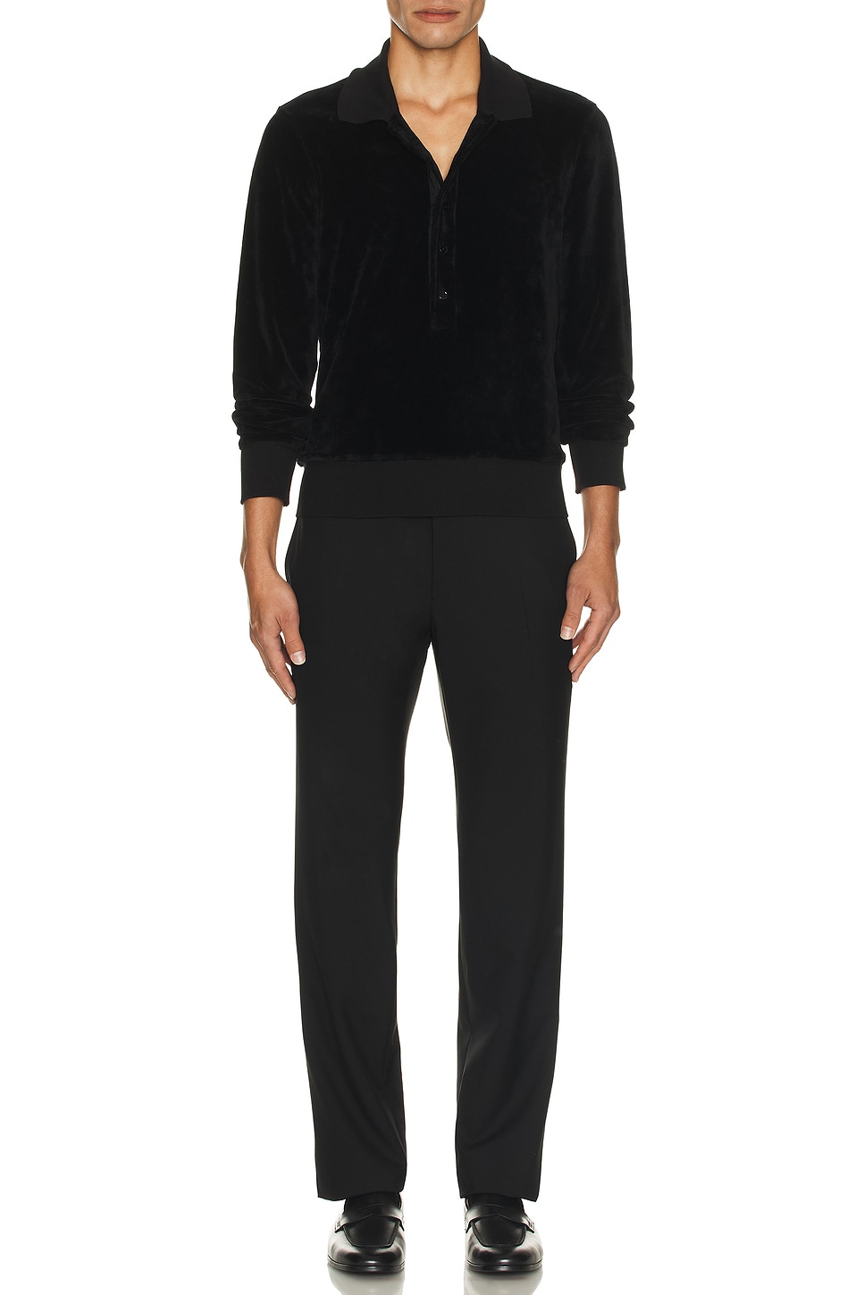 Image 1 of TOM FORD Velour Long Sleeve Polo in Black