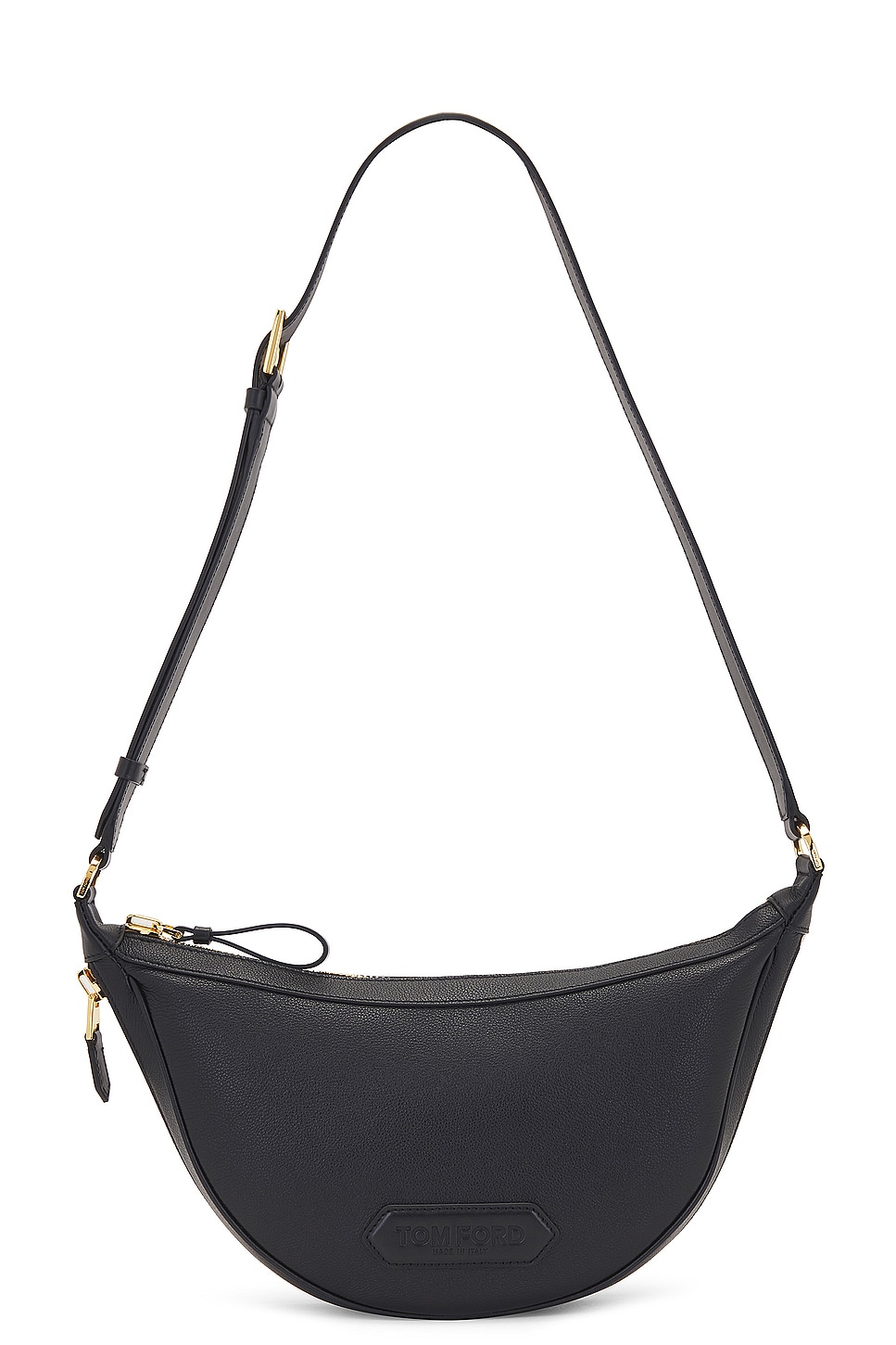 Smooth Grain Leather & Smooth Leather Zip Crescent Bag in Black