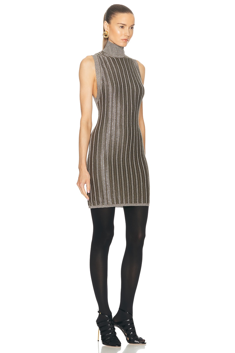 Shop Tom Ford Turtleneck Mini Dress In Metallic Olive