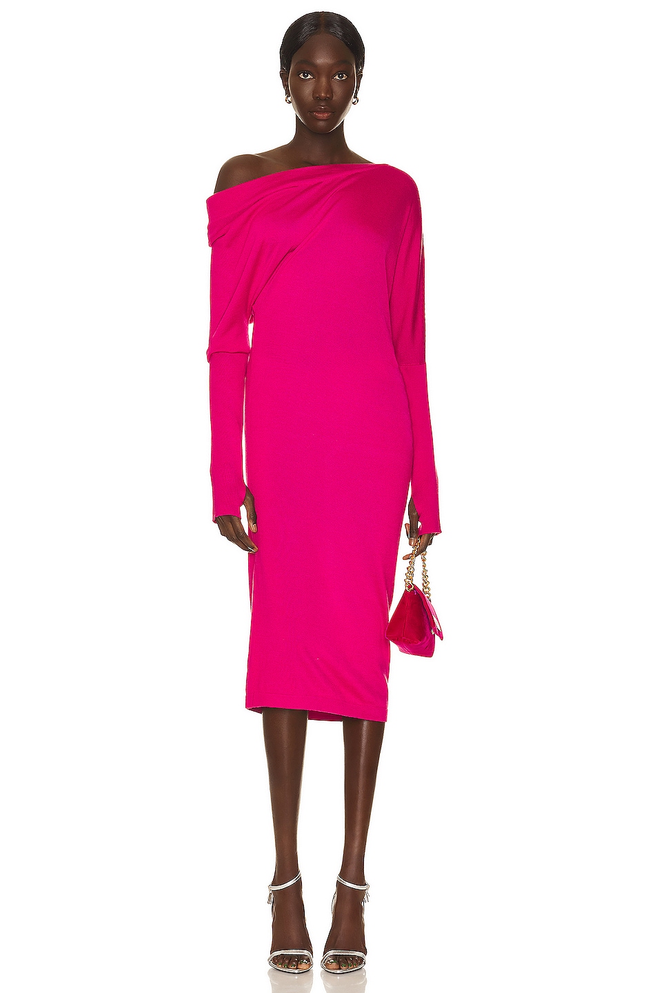 Image 1 of TOM FORD Cashmere Off the Shoulder Midi Dress in Raspberry
