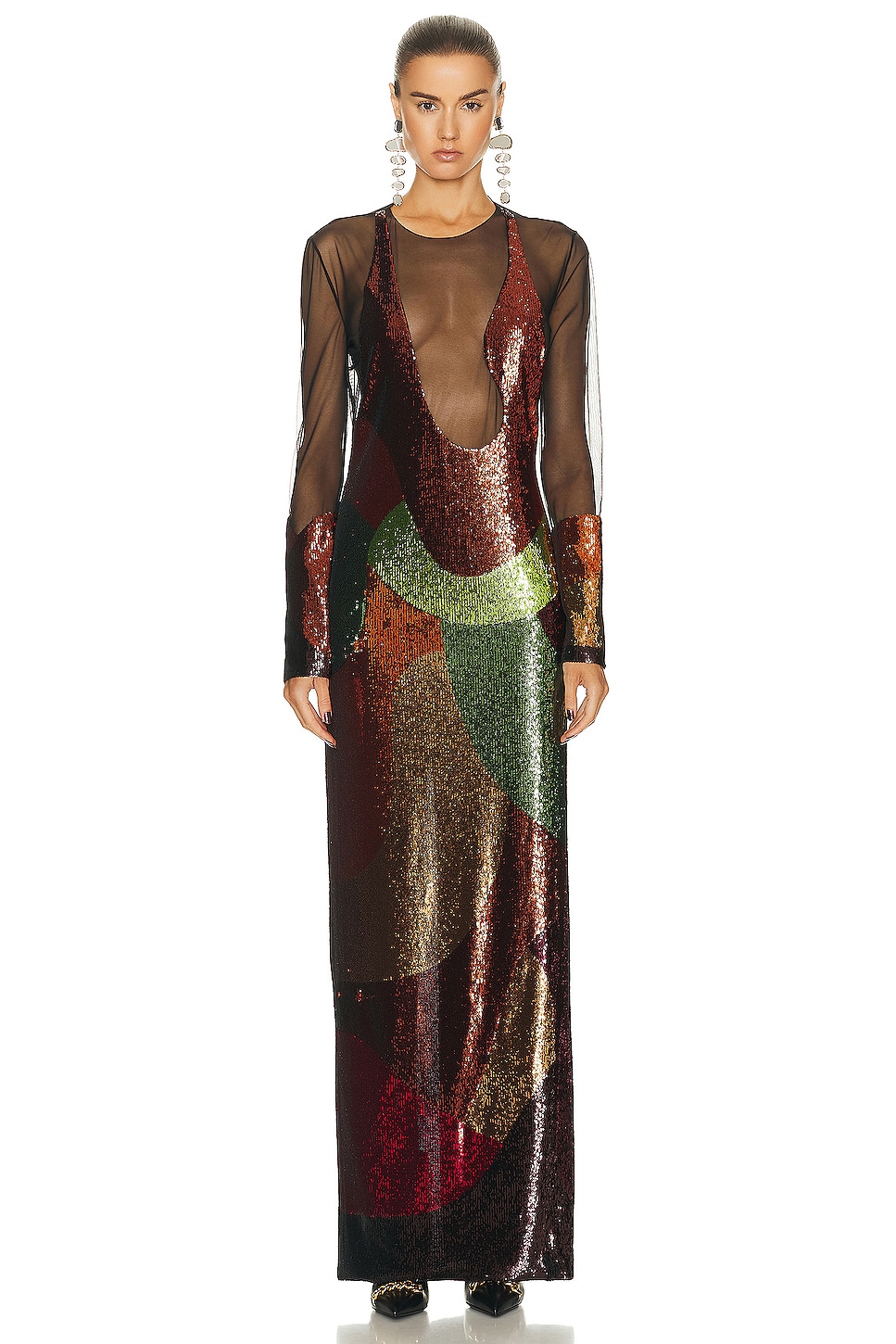 Image 1 of TOM FORD Sequins Anatomical Long Sleeve Evening Dress in Black & Multi