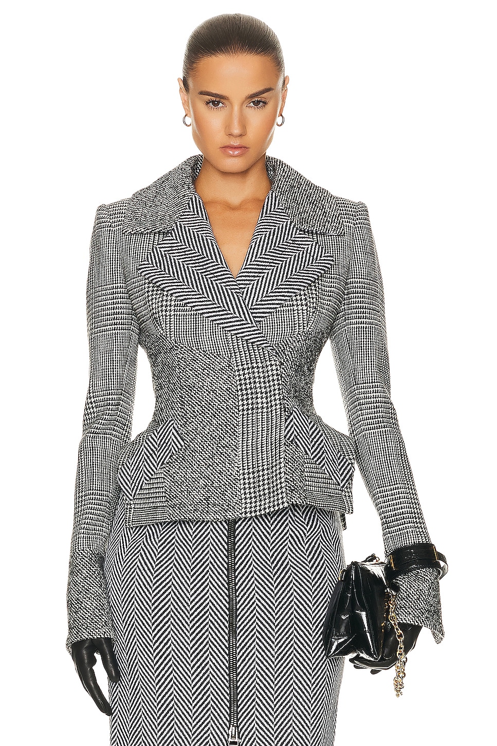 Image 1 of TOM FORD Prince Of Wales Wrap Peplum Jacket in Black & Chalk