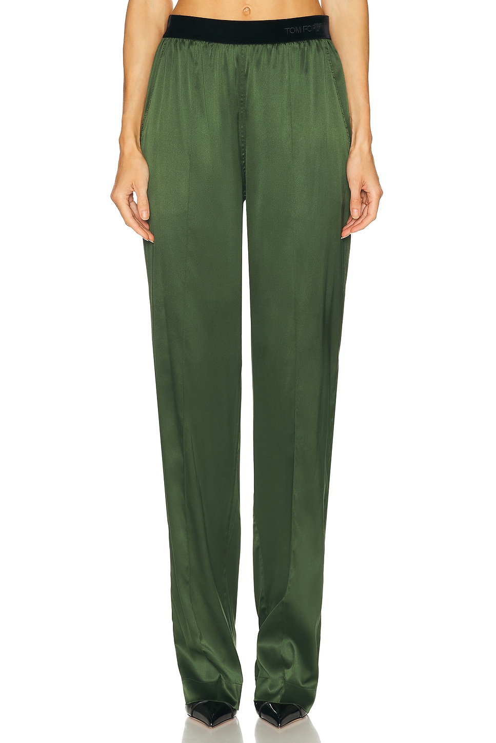 Image 1 of TOM FORD Stretch Silk Satin Pyjama Pant in Moss Green