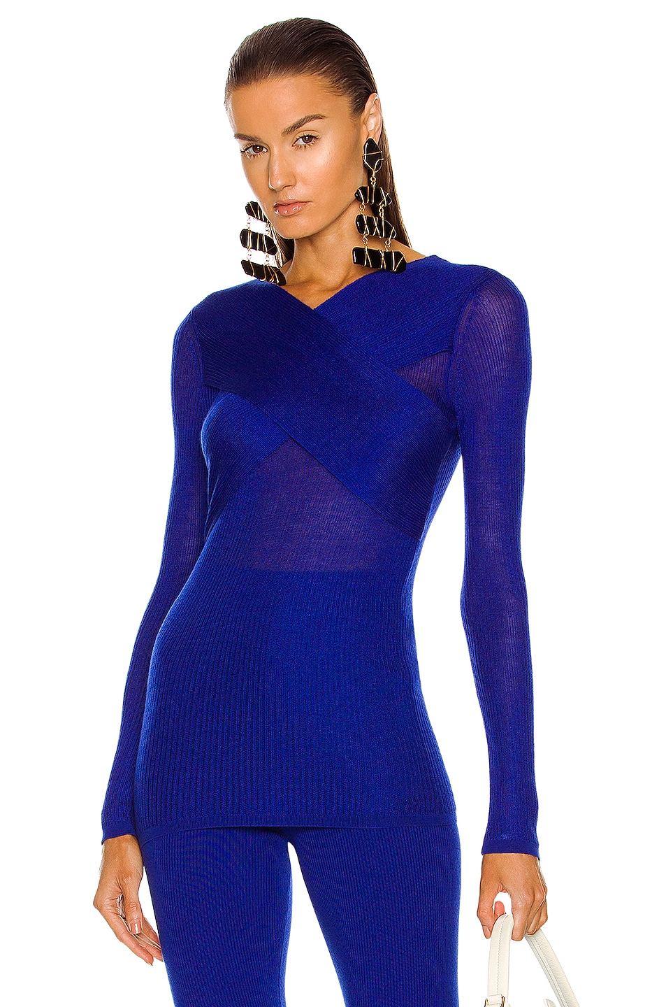 Image 1 of TOM FORD Cashmere Ribbed V Neck Top in Yves Blue
