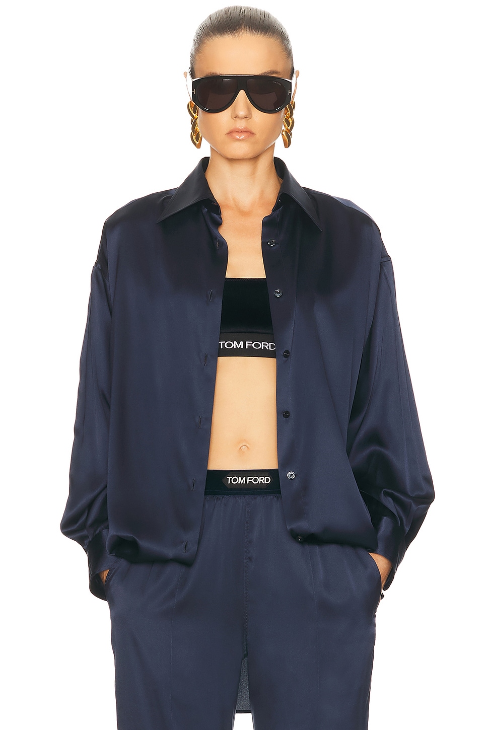 Image 1 of TOM FORD Silk Satin Relaxed Shirt in Dark Navy