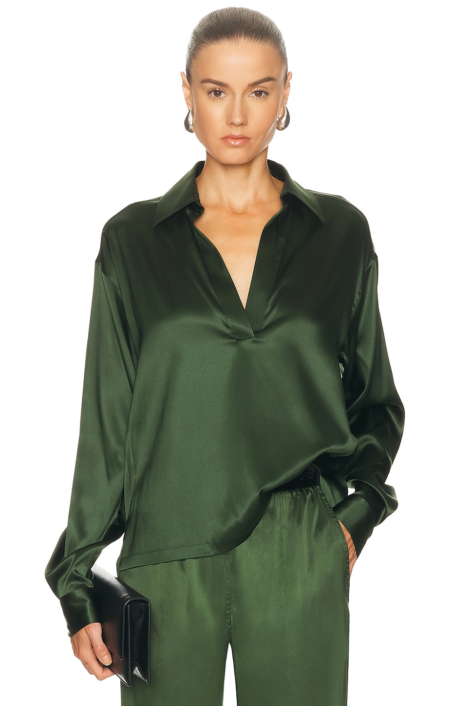 Image 1 of TOM FORD Satin Polo Top in Moss Green